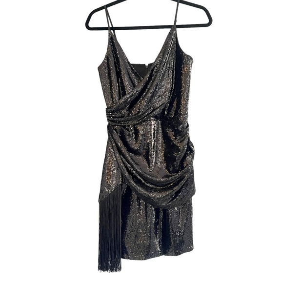 NWT Dress the Population Alida Draped Fringe Side Mini Dress Sz S, M - Picture 2 of 8